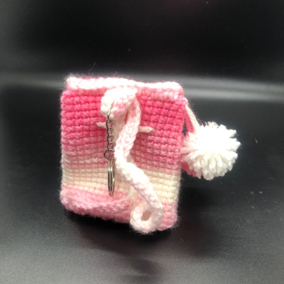Bubblegum Pink & White Crochet Mini Backpack Keychain w/ Pom Poms, Heart Button - Picture 9 of 14